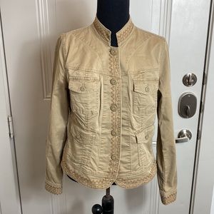 Lucky Brand Crisp Med Wt Cotton Khaki Tan Beige Embroidered Boho Jacket Blazer M
